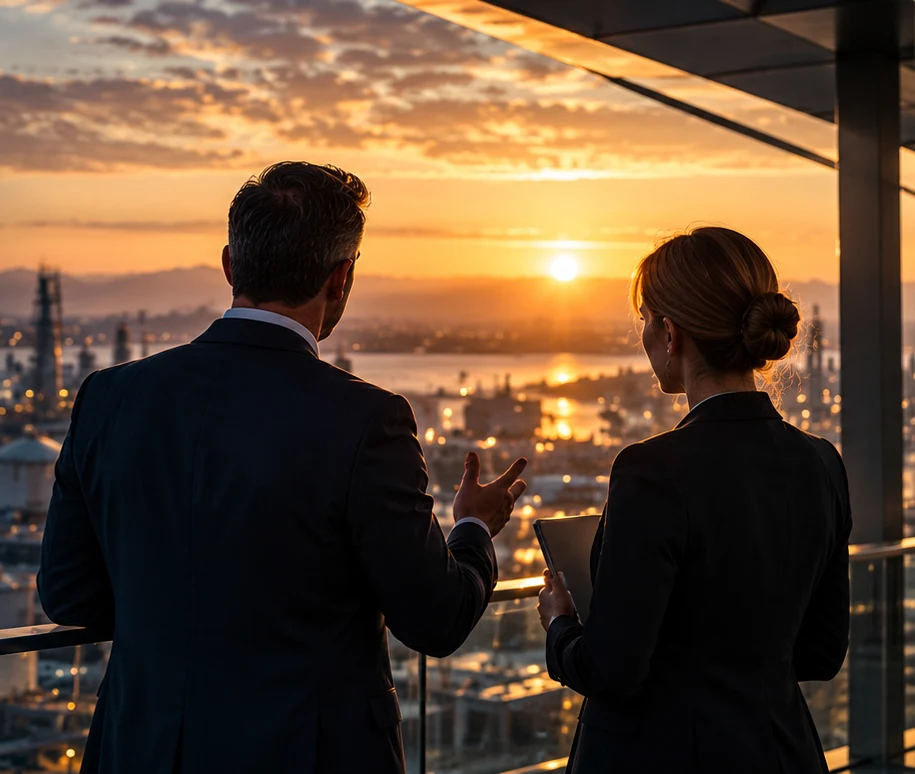 Illustrative business leaders in discussion overlooking a harbour at sunset